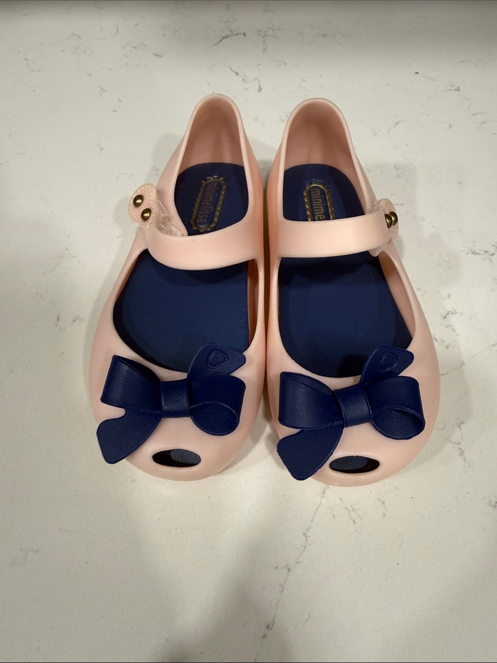 MiniMelissa Girls Pink Jelly Mary Jane Shoes with Navy Bow
